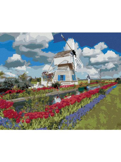 Diamantové maľovanie - VETERNÝ MLYN A TULIPÁNY (DENNIS FRATES) (Rámovanie bez rámu a bez vypnutia plátna, Rozmer 40x50 cm)