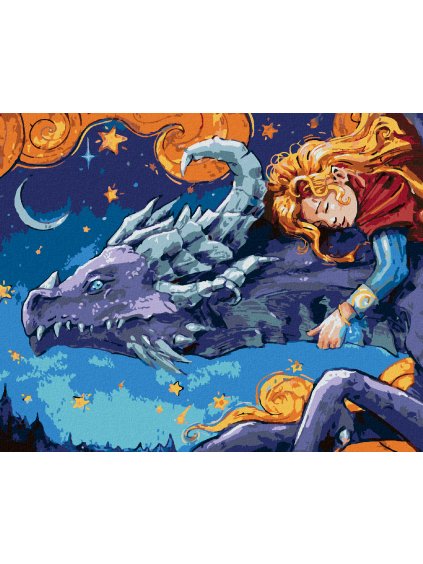 Diamantové maľovanie - ZLATOVLÁSKA SPIACA NA DRAKOVI (Rámovanie bez rámu a bez vypnutia plátna, Rozmer 40x50 cm)
