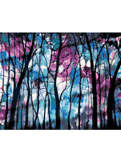 Diamantové maľovanie - TEMNÝ LES S MODROFIALOVOU OBLOHOU (Rámovanie bez rámu a bez vypnutia plátna, Rozmer 40x50 cm)