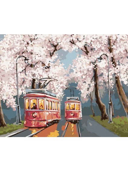 Diamantové maľovanie - ELEKTRIČKY POD ROZKVITNUTÝMI ČEREŠŇAMI (Rámovanie bez rámu a bez vypnutia plátna, Rozmer 40x50 cm)