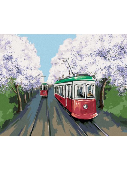 Diamantové maľovanie - ELEKTRIČKY V ČEREŠŇOVEJ ALEJI (Rámovanie bez rámu a bez vypnutia plátna, Rozmer 40x50 cm)