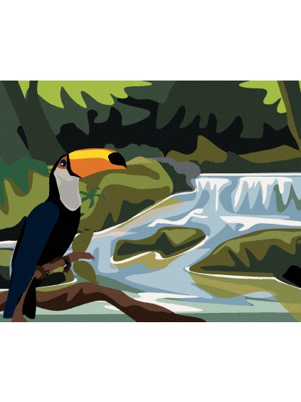 Diamantové maľovanie - TUKAN S VODOPÁDOM (Rámovanie bez rámu a bez vypnutia plátna, Rozmer 40x50 cm)