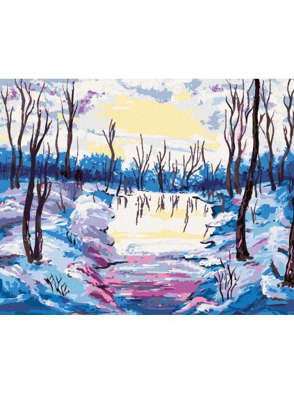 Diamantové maľovanie - ZIMNÝ LES S VÝHĽADOM NA RIEKU (Rámovanie bez rámu a bez vypnutia plátna, Rozmer 40x50 cm)