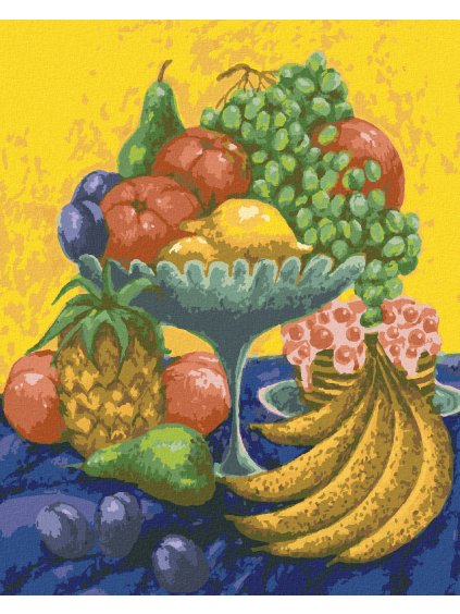 Diamantové maľovanie - ZÁTIŠIE S OVOCÍM NA ŽLTOMODROM POZADÍ (Rámovanie bez rámu a bez vypnutia plátna, Rozmer 40x50 cm)