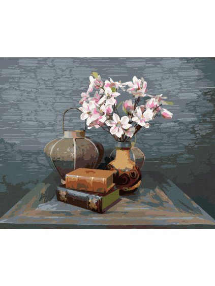 Diamantové maľovanie - ZÁTIŠIE MAGNÓLIA A STARÉ KNIHY NA STOLE (Rámovanie bez rámu a bez vypnutia plátna, Rozmer 40x50 cm)