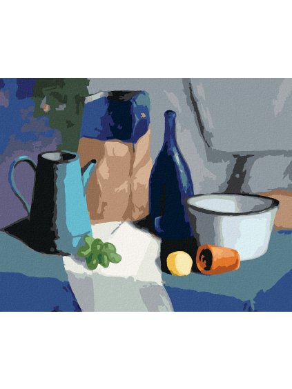 Diamantové maľovanie - ZÁTIŠIE HROZNO, FĽAŠKY, MISKY A MANDARÍNKY (Rámovanie bez rámu a bez vypnutia plátna, Rozmer 40x50 cm)