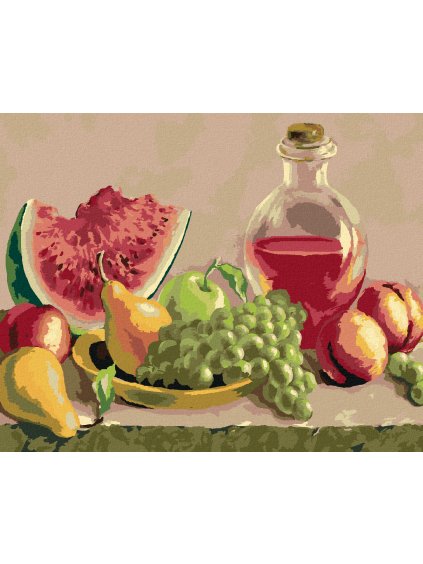 Diamantové maľovanie - ZÁTIŠIE S BROSKYŇAMI, HROZNOM A MELÓNOM (Rámovanie bez rámu a bez vypnutia plátna, Rozmer 40x50 cm)