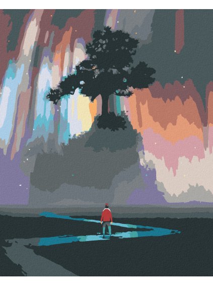 Diamantové maľovanie - MUŽ PRICHÁDZAJÚCI K VESMÍRNEMU STROMU (Rámovanie bez rámu a bez vypnutia plátna, Rozmer 40x50 cm)