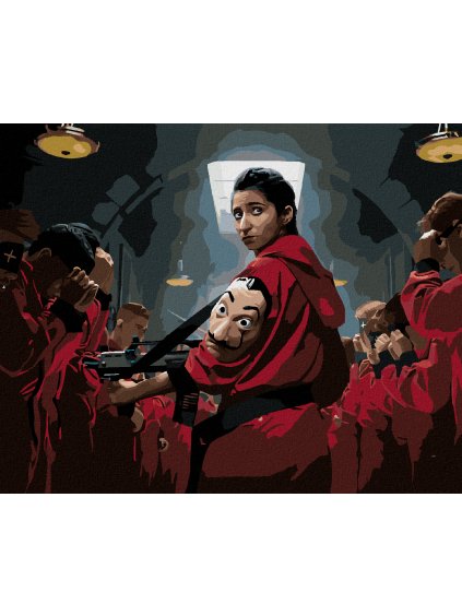 Diamantové maľovanie - NAIROBI A INÉ V ČERVENEJ FARBE (La casa de papel) (Rámovanie bez rámu a bez vypnutia plátna, Rozmer 40x50 cm)