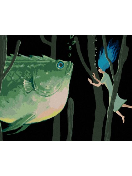 Diamantové maľovanie - OBROVSKÁ ZELENÁ RYBA SO ŽENOU (Rámovanie bez rámu a bez vypnutia plátna, Rozmer 40x50 cm)