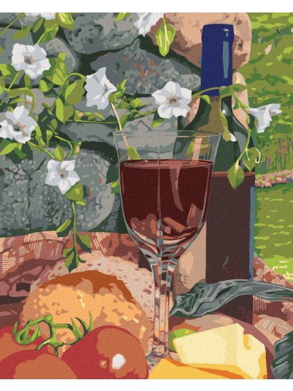 Diamantové maľovanie - ZÁTIŠIE POHÁR VÍNA A JEDLO (MARDELL SCHUSTER) (Rámovanie bez rámu a bez vypnutia plátna, Rozmer 40x50 cm)