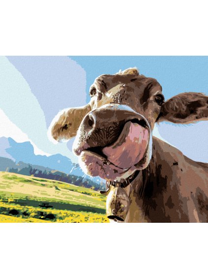 Diamantové maľovanie - OLIZUJÚCA SA KRAVA (Rámovanie bez rámu a bez vypnutia plátna, Rozmer 40x50 cm)