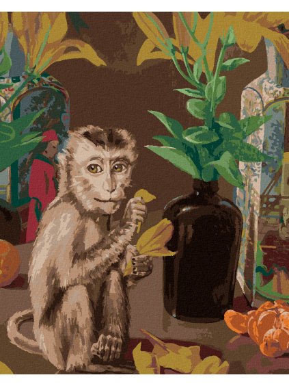 Diamantové maľovanie - OPICA HRAJÚCA SA S LÍSTKAMI (Rámovanie bez rámu a bez vypnutia plátna, Rozmer 40x50 cm)