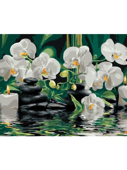 Diamantové maľovanie - ORCHIDEY A LÁVOVÉ KAMENE (Rámovanie bez rámu a bez vypnutia plátna, Rozmer 40x50 cm)