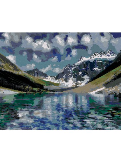 Diamantové maľovanie - ZASNEŽENÉ HORY A PRIEZRAČNÉ JAZERO (DENNIS FRATES) (Rámovanie bez rámu a bez vypnutia plátna, Rozmer 40x50 cm)