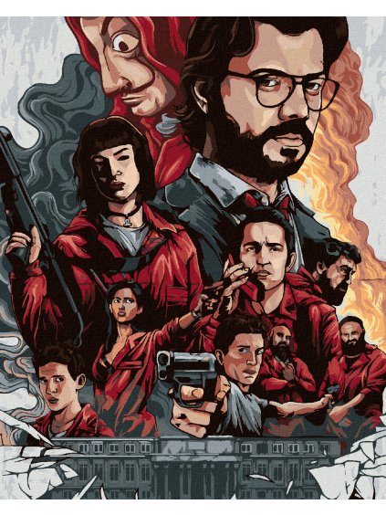 Diamantové maľovanie - PAPIEROVÝ DOM ZLOŽENIE POSTÁV (La casa de papel) (Rámovanie bez rámu a bez vypnutia plátna, Rozmer 40x50 cm)