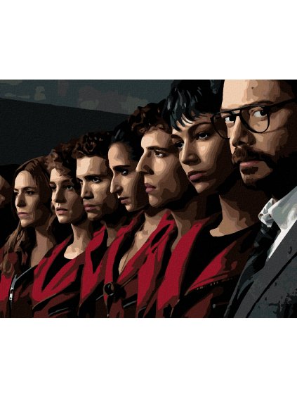 Diamantové maľovanie - POSTAVY PAPIEROVÉHO DOMU V RADE (La casa de papel) (Rámovanie bez rámu a bez vypnutia plátna, Rozmer 40x50 cm)