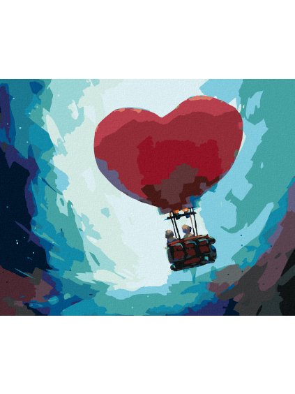 Diamantové maľovanie - PÁR LETIACI V SRDIEČKOVOM BALÓNE (Rámovanie bez rámu a bez vypnutia plátna, Rozmer 40x50 cm)