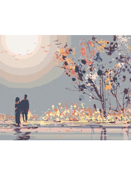 Diamantové maľovanie - PÁR PRI SLEDOVANÍ ZÁPADU SLNKA (Rámovanie bez rámu a bez vypnutia plátna, Rozmer 40x50 cm)