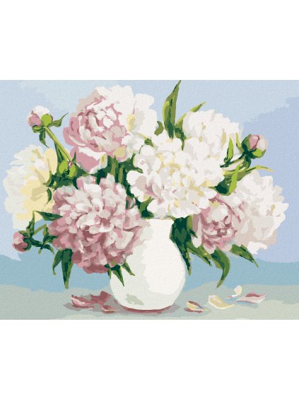 Diamantové maľovanie - PIVÓNIE V BIELEJ VÁZE (Rámovanie bez rámu a bez vypnutia plátna, Rozmer 40x50 cm)