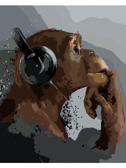 Diamantové maľovanie - ŠIMPANZ POČÚVAJÚCI HUDBU (Rámovanie bez rámu a bez vypnutia plátna, Rozmer 40x50 cm)