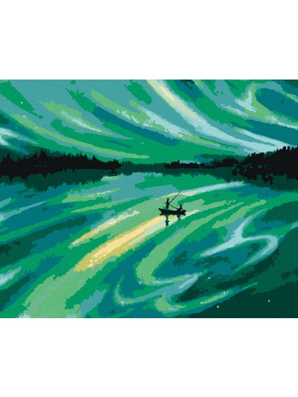 Diamantové maľovanie - PLÁVAJÚCA LOĎKA A ZELENÁ VESMÍRNA OBLOHA (Rámovanie bez rámu a bez vypnutia plátna, Rozmer 40x50 cm)