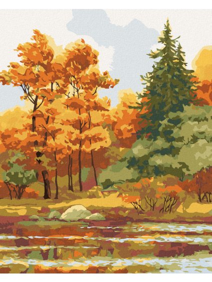 Diamantové maľovanie - JESENNÝ LES NA JAZERE (Rámovanie bez rámu a bez vypnutia plátna, Rozmer 40x50 cm)