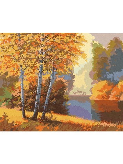 Diamantové maľovanie - JESENNÝ LES S RIEKOU A JELEŇMI (Rámovanie bez rámu a bez vypnutia plátna, Rozmer 40x50 cm)