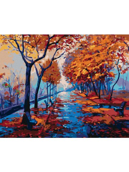 Diamantové maľovanie - JESENNÝ LESOPARK S PRÁZDNÝMI LAVIČKAMI (Rámovanie bez rámu a bez vypnutia plátna, Rozmer 40x50 cm)