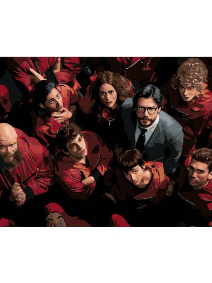 Diamantové maľovanie - POSTAVY BEZ MASIEK (La casa de papel) (Rámovanie bez rámu a bez vypnutia plátna, Rozmer 40x50 cm)