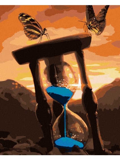 Diamantové maľovanie - PRESÝPACIE HODINY A DVA MOTÝLE (Rámovanie bez rámu a bez vypnutia plátna, Rozmer 40x50 cm)