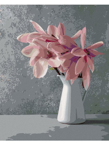 Diamantové maľovanie - RUŽOVÉ MAGNÓLIE V BIELEJ KERAMICKEJ VÁZE (Rámovanie bez rámu a bez vypnutia plátna, Rozmer 40x50 cm)
