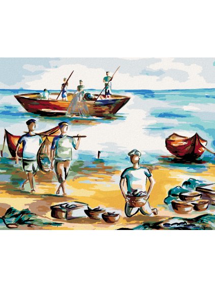 Diamantové maľovanie - RYBÁRI NA POBREŽÍ (Rámovanie bez rámu a bez vypnutia plátna, Rozmer 40x50 cm)