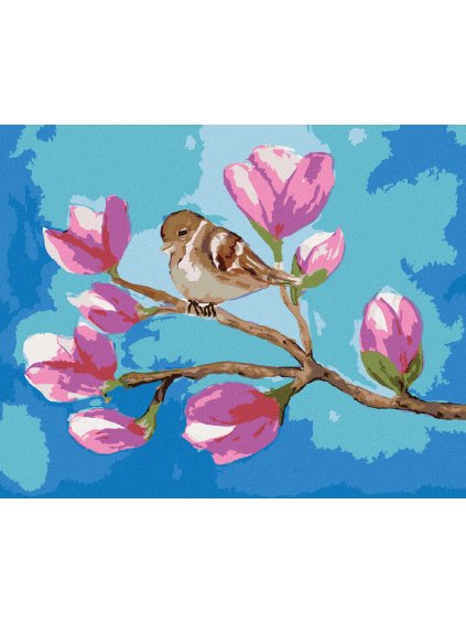 Diamantové maľovanie - SEDIACI VRABEC NA KONÁRI S KVETMI MAGNÓLIE (Rámovanie bez rámu a bez vypnutia plátna, Rozmer 40x50 cm)