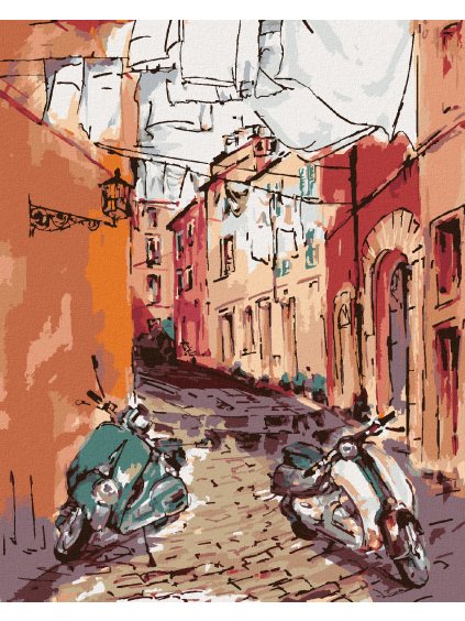 Diamantové maľovanie - SKÚTRE V ULIČKE (Rámovanie bez rámu a bez vypnutia plátna, Rozmer 40x50 cm)