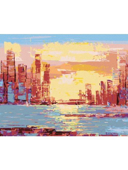 Diamantové maľovanie - SLNKO NAD MRAKODRAPMI (Rámovanie bez rámu a bez vypnutia plátna, Rozmer 40x50 cm)