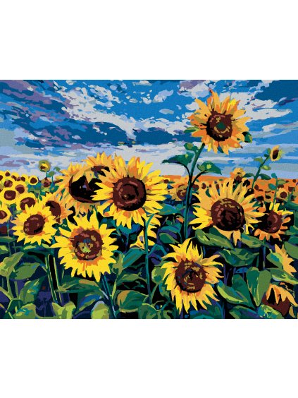 Diamantové maľovanie - SLNEČNICE POD MODROU OBLOHOU (Rámovanie bez rámu a bez vypnutia plátna, Rozmer 40x50 cm)