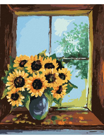 Diamantové maľovanie - SLNEČNICE VO VÁZE PRI OKNE (Rámovanie bez rámu a bez vypnutia plátna, Rozmer 40x50 cm)