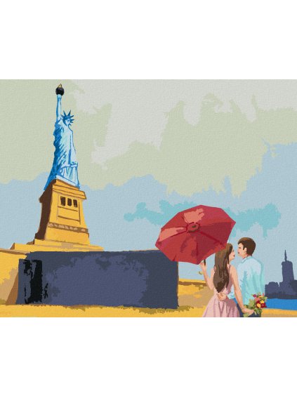 Diamantové maľovanie - SOCHA SLOBODY A ZAMILOVANÝ PÁR (Rámovanie bez rámu a bez vypnutia plátna, Rozmer 40x50 cm)