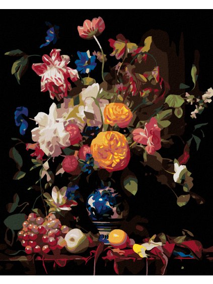 Diamantové maľovanie - ZÁTIŠIE KYTICE V MAĽOVANEJ VÁZE A OVOCIE (Rámovanie bez rámu a bez vypnutia plátna, Rozmer 40x50 cm)