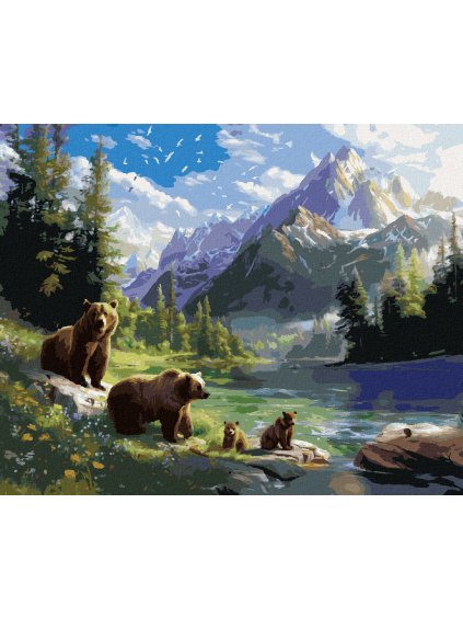 Diamantové maľovanie - MEDVEĎ S MLÁĎATAMI, JAZERO A HORY (Rámovanie bez rámu a bez vypnutia plátna, Rozmer 40x50 cm)