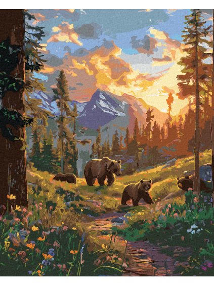 Diamantové maľovanie - MEDVEĎ S MLÁĎATAMI NA PRECHÁDZKE A ZÁPAD SLNKA (Rámovanie bez rámu a bez vypnutia plátna, Rozmer 40x50 cm)