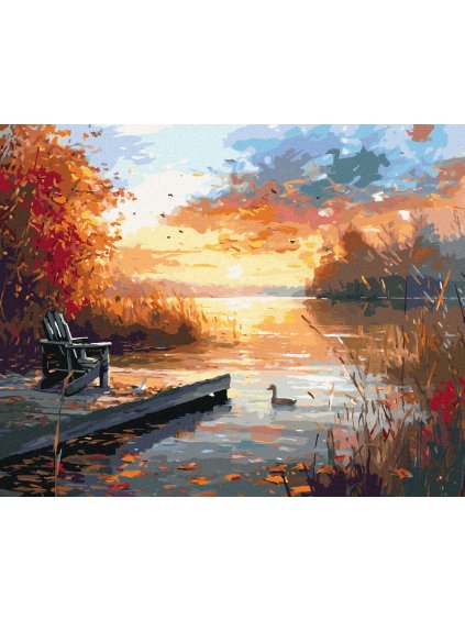 Diamantové maľovanie - KAČICA V RÁKOSÍ, MÓLO A ZÁPAD SLNKA NA JESEŇ (Rámovanie bez rámu a bez vypnutia plátna, Rozmer 40x50 cm)