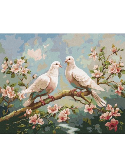 Diamantové maľovanie - BIELE HOLUBICE NA ROZKVITNUTOM KONÁRI A RIEKA (Rámovanie bez rámu a bez vypnutia plátna, Rozmer 40x50 cm)