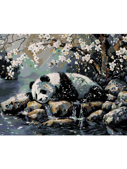 Diamantové maľovanie - SPIACA PANDA A ROZKVITNUTÝ STROM (Rámovanie bez rámu a bez vypnutia plátna, Rozmer 40x50 cm)