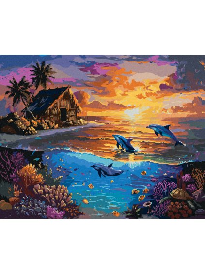 Diamantové maľovanie - ZÁPAD SLNKA, DELFÍNY, KORYTNAČKY a TROPICKÁ CHATA (Rámovanie bez rámu a bez vypnutia plátna, Rozmer 40x50 cm)