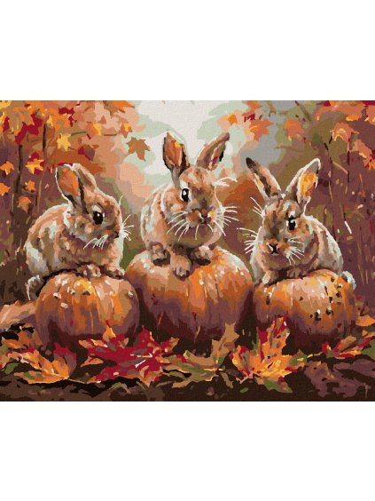 Diamantové maľovanie - KRÁLIKY, TEKVICA A JESENNÉ LISTIE (Rámovanie bez rámu a bez vypnutia plátna, Rozmer 40x50 cm)