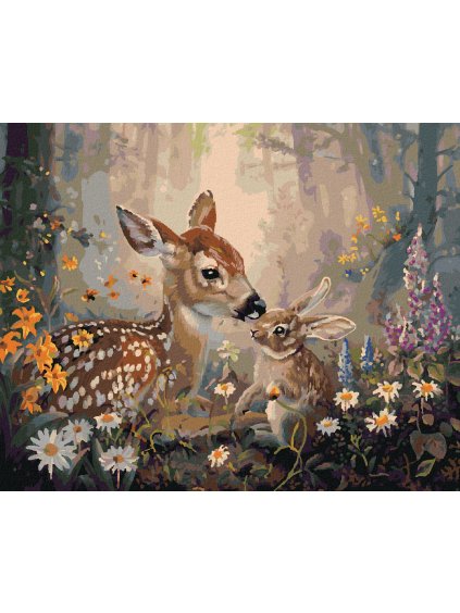 Diamantové maľovanie - SRNEC A KRÁLIK V KVETOCH (Rámovanie bez rámu a bez vypnutia plátna, Rozmer 40x50 cm)