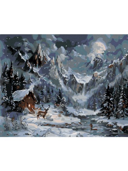 Diamantové maľovanie - SOBY, CHATA A HORY V ZIME (Rámovanie bez rámu a bez vypnutia plátna, Rozmer 40x50 cm)