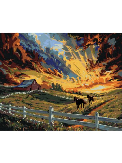 Diamantové maľovanie - KONE V OHRADE, STAJŇA A VÝCHOD SLNKA (Rámovanie bez rámu a bez vypnutia plátna, Rozmer 40x50 cm)